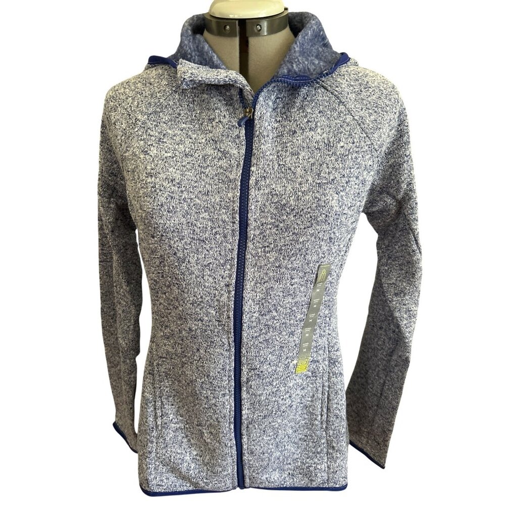 Tek Gear Blue Zip-Up Hooded Jacket Medium Heathered Design Long Sleeves Slim Fit